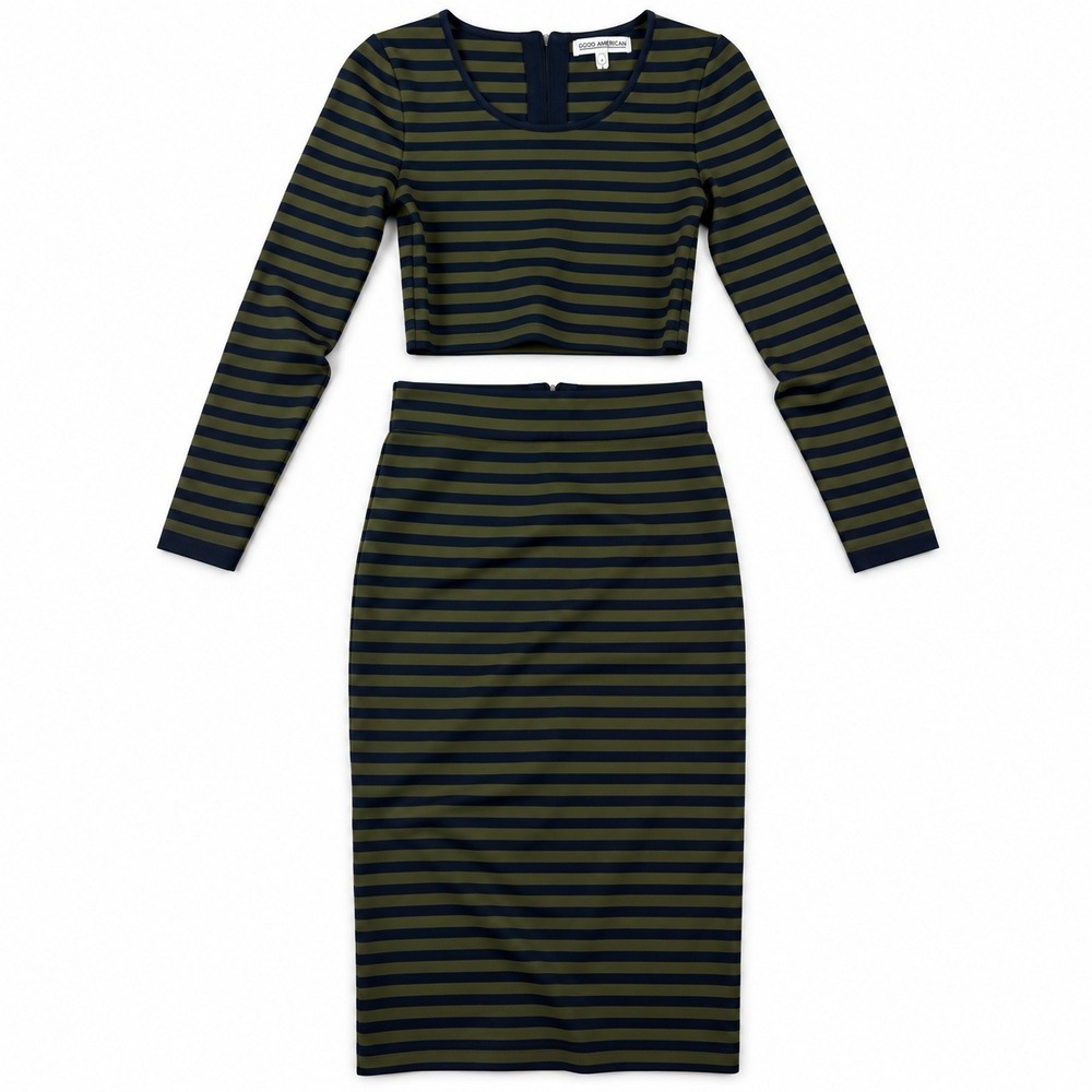 Good American Striped Crop Top Midi Skirt Set Womens 2 Olive Navy Blue Zipper